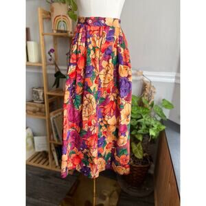 Vintage 90s Floral Maxi Skirt Fruit Print Colorful Bright Pleated Size Medium